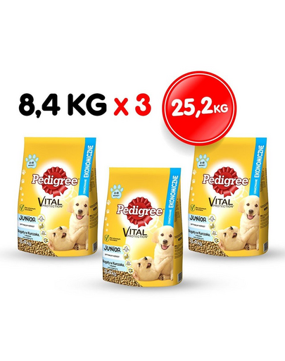 PEDIGREE Junior hrana catei rasa medie 3x8.4 kg pui si orez