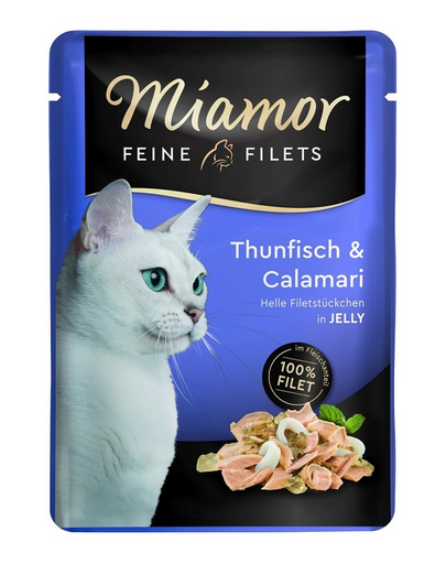 MIAMOR Feine Filets 24x100 g plicuri hrana pisica, ton si calamar in jeleu