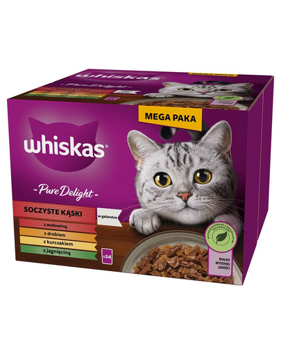 WHISKAS Adult Pure Delight 48x85 g Pliculete hrana pisici adulte, cu vita, pui, miel si pasare in aspic