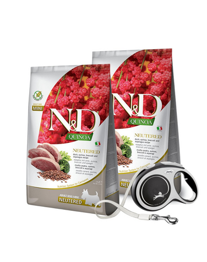 FARMINA N&D Quinoa Neutere Adult Mini duck, broccoli & asparagus 2 x 7 kg hrana caini dupa castrare + FLEXI New Comfort L Tape 8 m GRATIS