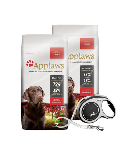 APPLAWS Large Breed 2 x 15 kg hrana caini talie mare, cu pui + FLEXI New Comfort L Tape 8 m GRATIS