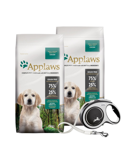 APPLAWS Puppy Small&Medium Breed 2 x 15 kg hrana catelusi talie mica/medie, cu pui + FLEXI New Comfort L Tape 8 m GRATIS