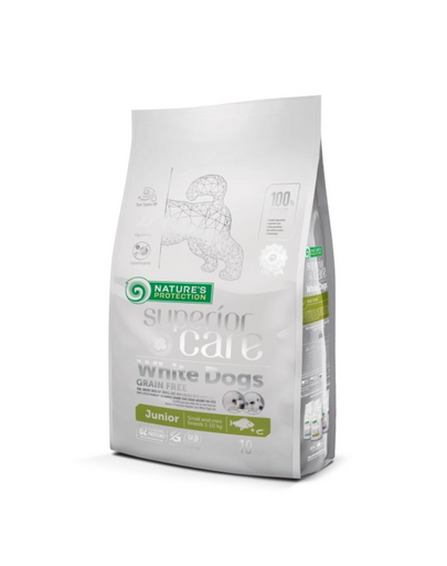 NATURES PROTECTION Superior Care White Dogs Grain Free White Fish Junior Small and Mini Breeds 10 kg hran cu peste alb pentru catei de rasa mica cu blana alba