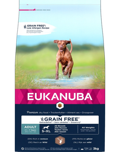 EUKANUBA Grain Free S-XL Adult 3 kg Hrana caine adult, cu vanat