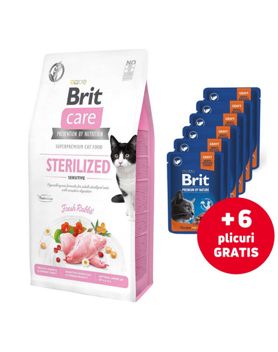 BRIT Care Cat Grain-Free Sterilized Sensitive 7 kg + pliculete hrana 6x100g GRATIS pisici sterilizate, somon