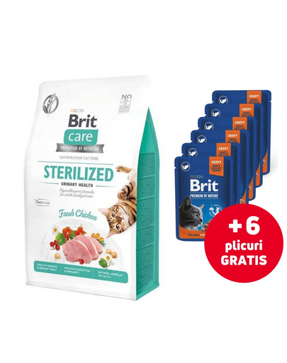 BRIT Care Cat Grain-Free Sterilized Urinary 7 kg + plicuri hrana cu somon, pisici sterilizate 6x100g GRATIS