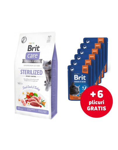BRIT Care Cat Grain-Free Sterlized Weight Control 2 kg + plicuri hrana pisici 6x100g GRATIS somon, pentru sterilizate