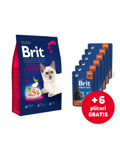 BRIT Cat Premium by Nature Sterilised chicken 8 kg + plicuri 6x100g GRATIS hrana pisica sterilizata, cu somon