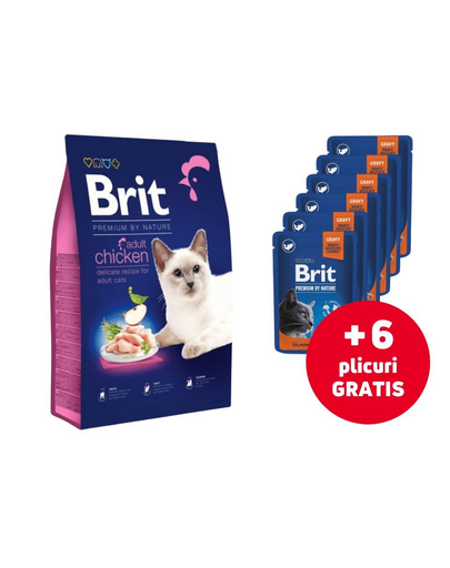 BRIT Cat Premium by Nature Adult chicken 8 kg + 6x100g GRATIS plic hrana umeda pisica sterilizata, somon