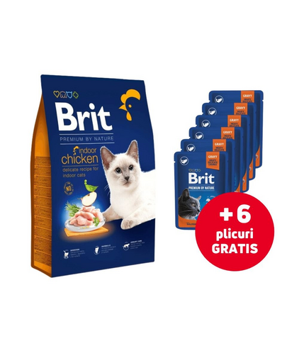BRIT Cat Premium by Nature Indoor chicken 8 kg + 6x100g GRATIS hrana umeda pisica sterilizata, somon