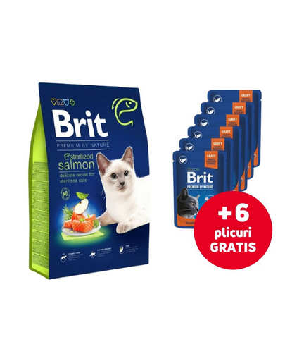 BRIT Cat Premium by Nature Sterilised salmon 8 kg + 6x100g GRATIS plic hrana pisica sterilizata, somon