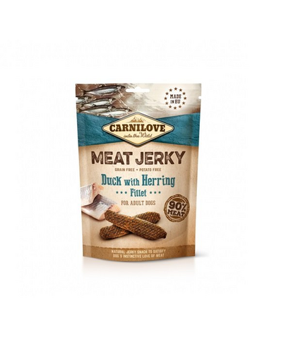 CARNILOVE Jerky duck with herring fillet Recompensa caine, cu rata si hering 100g