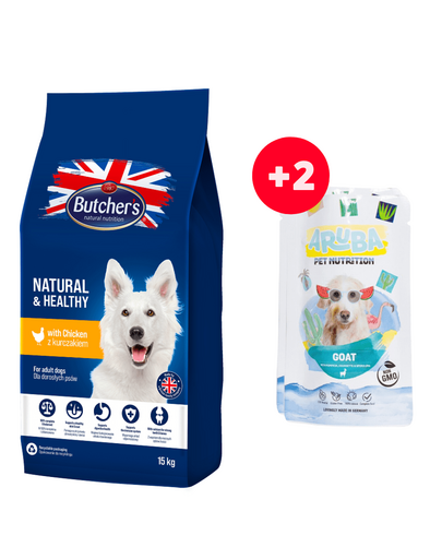 BUTCHER'S Natural&Healthy Dog hrana uscata cu pui, caini 15 kg + 2 plicuri hrana GRATIS