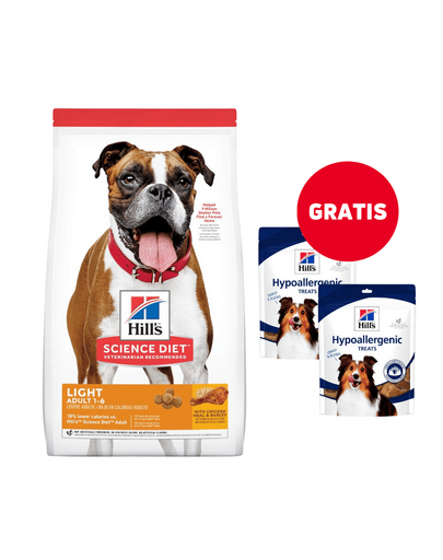 HILL\'S Science Plan Adult Light Medium breed hrana uscata cu pui, caini rasa medie 14 kg + recompense 2x220g GRATIS