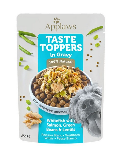 APPLAWS Dog Taste Toppers in gravy White fish, salmon, beans 12 x 85 g Hrana umeda caini, cu peste alb, somon si fasole