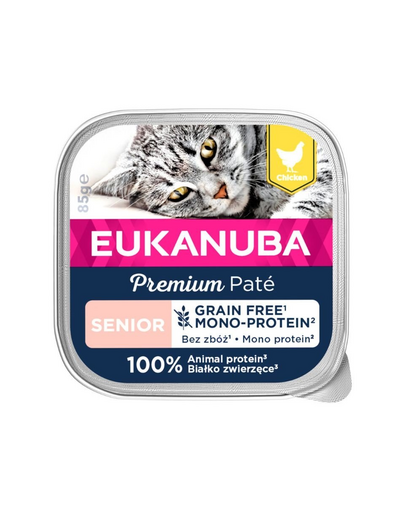 EUKANUBA Grain Free Senior Pateu monoproteic pentru pisici senior Pui 16 x 85 g