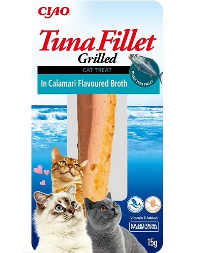 INABA Tuna fillet in calamari broth 15g Recompensa pisica, file de ton in sos cu gust de calamar