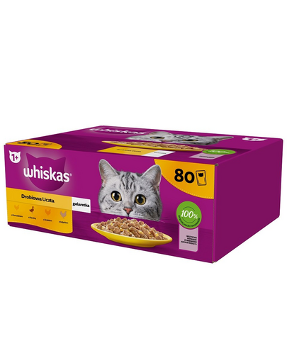 WHISKAS Adult plicuri hrana pisica in aspic 80 x 85 g bucati cu: pui, rata, pasare, curcan