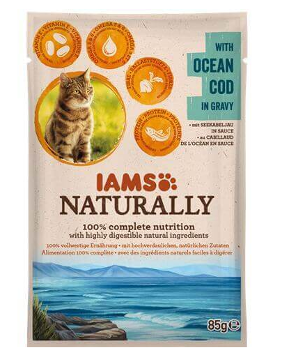IAMS Naturally Adult Cat with Ocean Cod in Gravy hrana umeda pisici adulte, cu peste 85 g