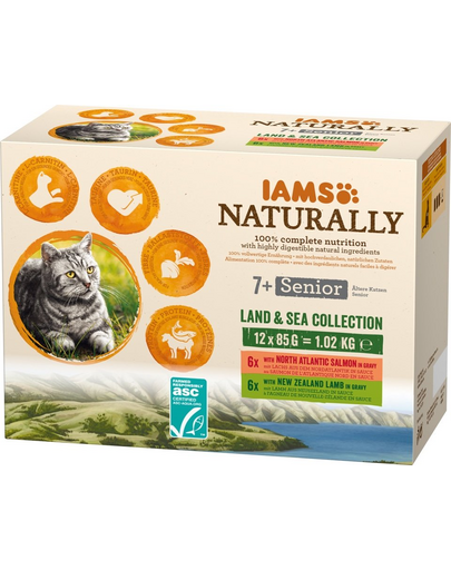 IAMS Naturally Cat Land & sea collection Hrana umeda pentru pisici adulte, mix de arome de carne si peste 12 x 85 g