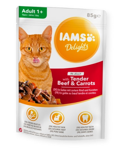 IAMS Cat Delights Beef & Carrots Jelly hrana umeda pentru pisici adulte, cu vita si morcovi in aspic 85g