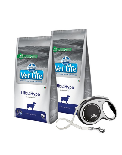 FARMINA Vet Life UltraHypo Dog 2x12 kg hrana dieta caini cu alergii alimentare, diaree recurenta sau dermatita idiopatica + FLEXI New Comfort L Tape 8 m GRATIS
