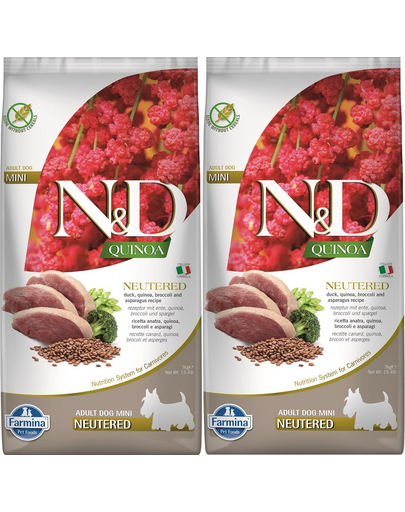FARMINA N&D Quinoa Neutere Adult Mini duck, broccoli & asparagus 2 x 7 kg hrana caini sterilizati/castrati talie mica