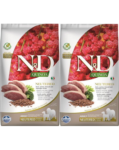 FARMINA N&D Quinoa Dog Neutered Adult Madium & Maxi duck, broccoli hrana caini talie medie 2 x 2,5 kg