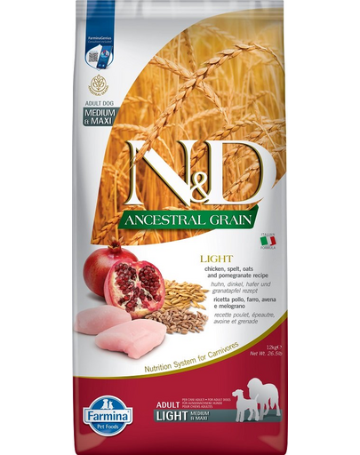 FARMINA N&D Low Grain Light Adult Medium/Maxi  Sac hrana uscata pentru caini talie medie sau mare, cu pui si rodie 12 kg