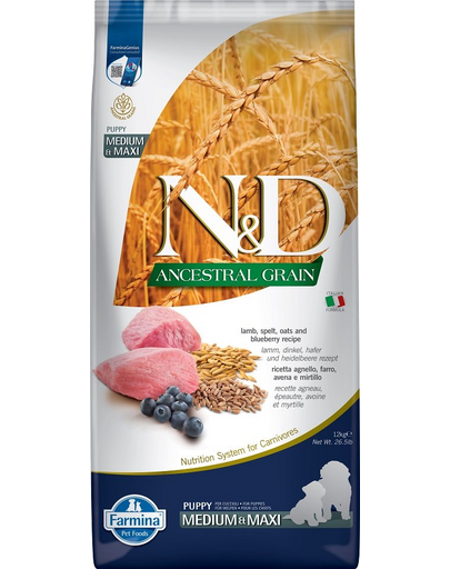 N&D Low Grain Dog Lamb & Blueberry Puppy Medium & Maxi Sac hrana catei talie medie si mare, cu miel si afine 12 kg