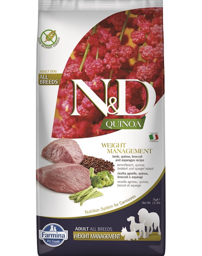 FARMINA N&D Dog Quinoa Weight Management Hrana caini adulti pentru controlul greutatii, cu miel si broccoli 7 kg
