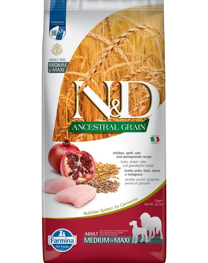 FARMINA N&D Ancestral Grain Adult Medium/Maxi Sac hrana uscata caini talie medie sau mare, cu pui si rodie 12 kg