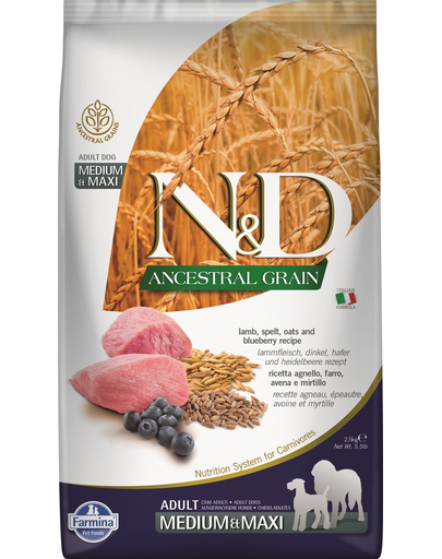 FARMINA N&D Ancestral Grain Adult Medium/Maxi Hrana uscata pentru caini, cu miel si afine 2,5 kg