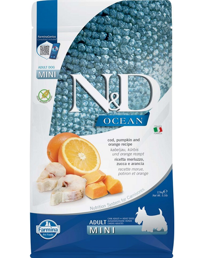 FARMINA Ocean dog codfish, pumpkin and orange Hrana uscata pentru caini adulti de talie mica, cu cod, dovleac si portocale 2,5 kg