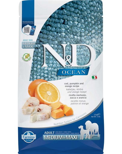 FARMINA N&D Ocean Dog Adult Medium/Maxi Hrana caini adulti, cu cod, dovleac si portocale 2,5 kg