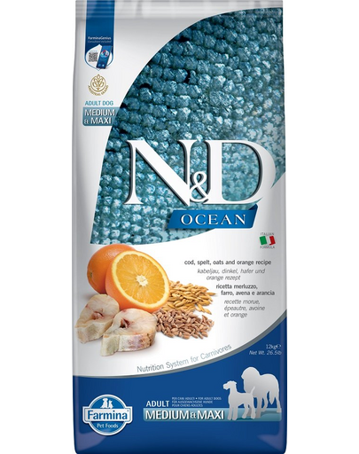 FARMINA N&D Ocean Dog Adult Medium&Maxi hrana uscata caini adulti talie medie/mare, cod, portocala, ovaz 12 kg