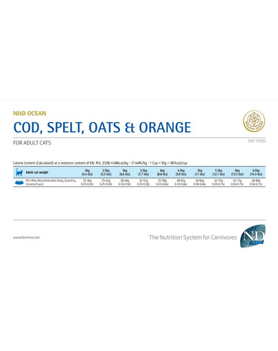 FARMINA N&D Ocean Cat Adult Cod, Spelt, Oats & Orange 10 kg Sac hrana uscata pisici, cu cod, spelta, ovaz si portocala