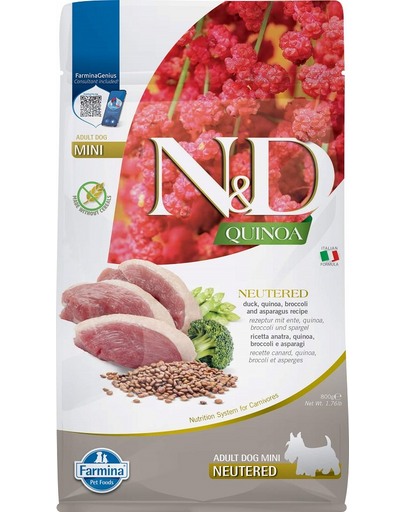 FARMINA N&D Quinoa Dog Duck, Broccoli & Asparagus Neutered Adult Mini 800 g Hrana uscata caini de talie mica, sterilizati