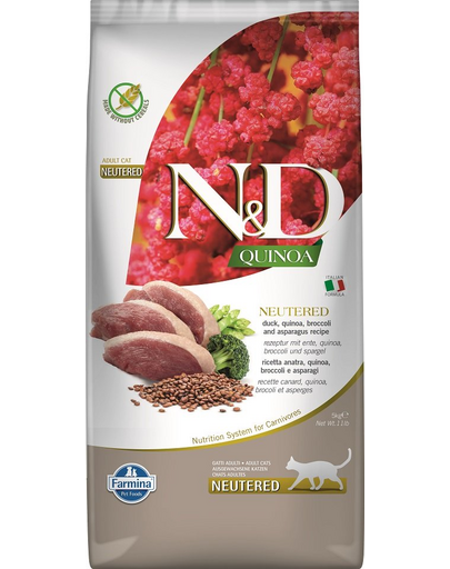 FARMINA N&D Quinoa Cat Duck, Brocolli & Asparagus Neutered Adult Sac hrana pisici sterilizate, cu rata 5 kg