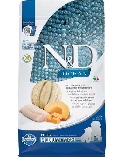 FARMINA N&D Ocean Hrana uscata catei talie medie sau mare, cu cod, dovleac si pepene galben - 2,5 kg