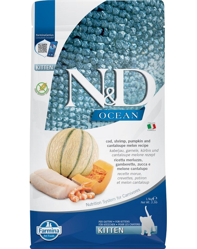 FARMINA N&D Ocean Hrana uscata pentru pisoi, pisici gestante si care alapteaza, cu cod, creveți, dovleac si pepene galben - 1,5 kg