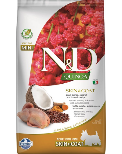 FARMINA N&D Quinoa Hrana dietetica caini adulti talie mica, cu prepelita si nuca de cocos 2,5 kg