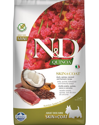 FARMINA N&D Quinoa Mini Skin&Coat hrana caini talie mica 2,5 kg rata si nuca de cocos