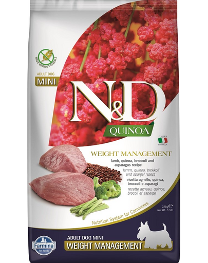 FARMINA N&D Quinoa Weight Management - Hrană dietetică pentru câini adulți - talie mică - gestionarea greutății - cu miel - 2.5 kg