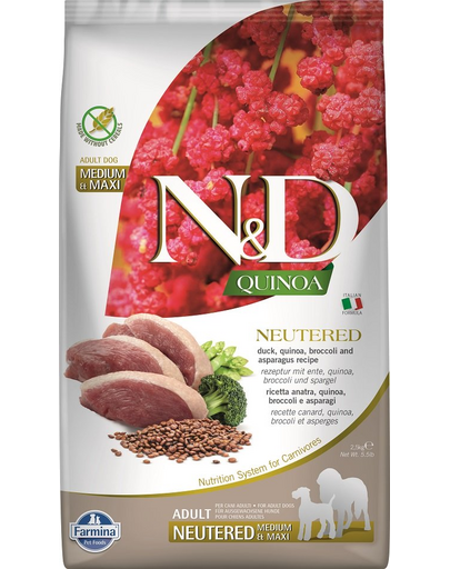 FARMINA N&amp;D Quinoa Dog Neutered Adult Medium/Maxi hrana uscata caini adulti dupa castrare/sterilizare, cu rata, broccoli si sparanghel 2,5 kg