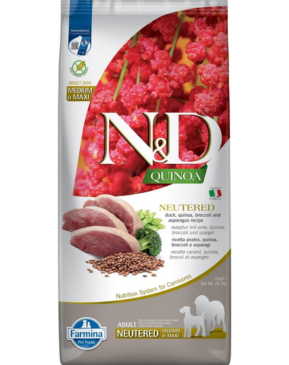 FARMINA N&D Quinoa Dog Neutered Adult Medium/Maxi hrana uscata caini adulti dupa castrare/sterilizare, cu rata, broccoli si sparanghel 12 kg