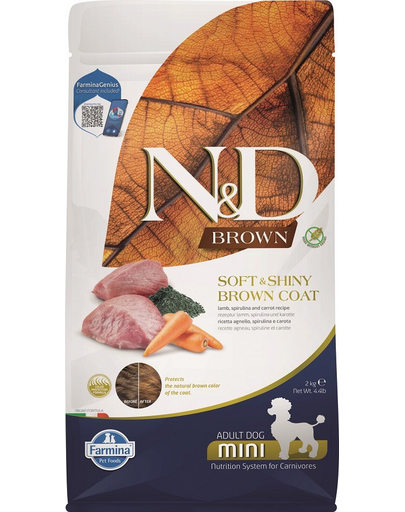 FARMINA N&D Brown Dog Adult Mini Lamb, Spirulina & Carrot 2 kg Hrana caini talie mica, blana maro, cu miel, morcov si spirulina