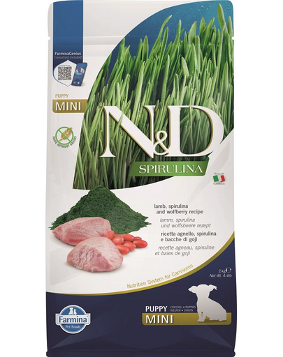 FARMINA N&D Spirulina Puppy Mini Lamb & Wolfberry 2 kg Hrana uscata pentru catei talie mica, cu miel si spirulina