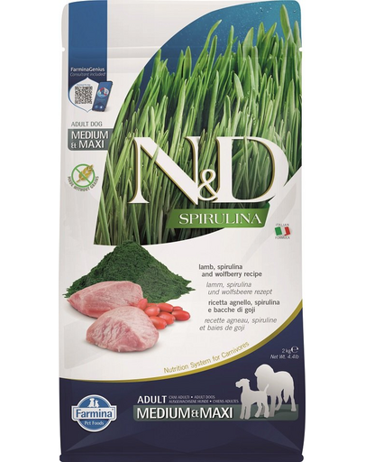 FARMINA N&D Spirulina Adult Medium&Maxi Lamb & Wolfberry 2 kg Hrana uscata pentru caini, cu miel si spirulina