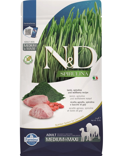 FARMINA N&amp;D Spirulina Adult Medium&amp;Maxi Lamb &amp; Wolfberry 2 kg Hrana uscata pentru caini, cu miel si spirulina